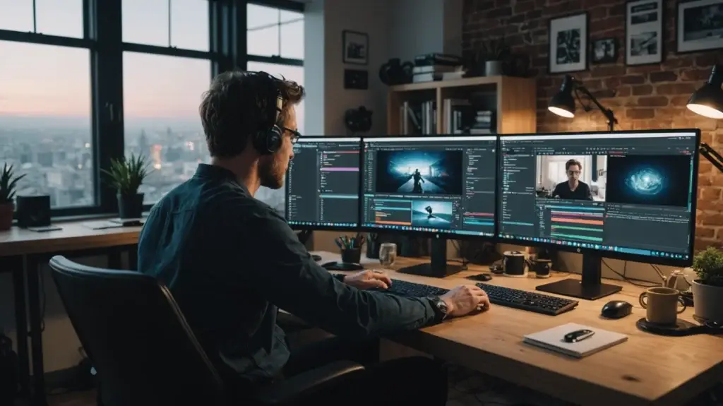 YouTube SEO content generator shown on a laptop with video analytics and keyword research on screen