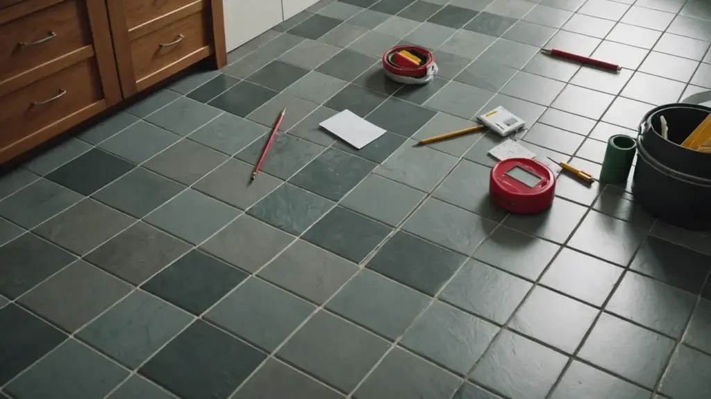 Tile Calculator showing ceramic floor tiles being laid with spacers, adhesive and a notched trowel