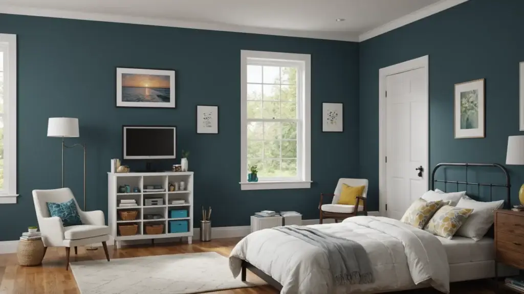 Paint Calculator with paint tins, a roller and brush beside a partly painted interior wall