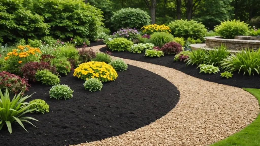 Mulch Calculator showing bark mulch spread over a garden bed with a wheelbarrow and rake