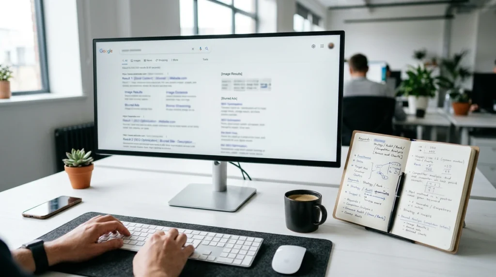 AI Meta Tag Generator and SERP simulator on a widescreen monitor showing a search results layout beside handwritten SEO notes