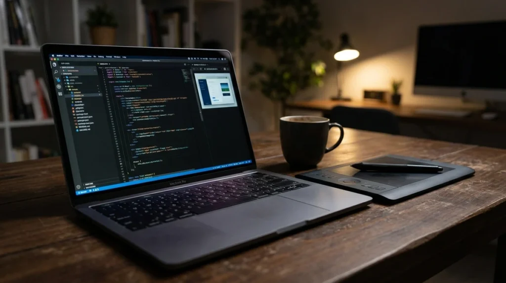 Base64 image encoder shown on a developer laptop with a code editor and an image file open side by side