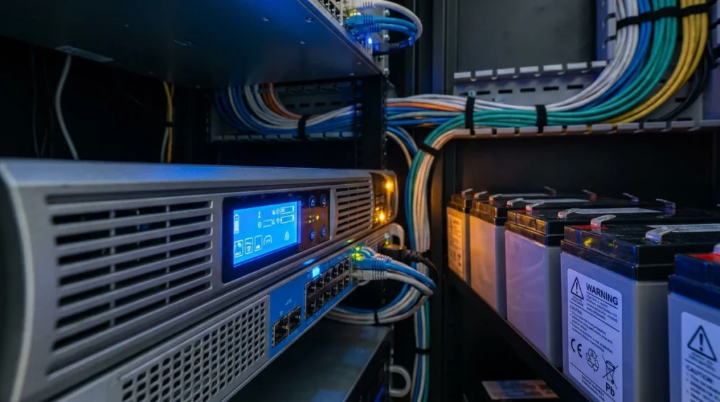 Battery Backup Calculator - rack-mounted UPS unit with glowing status panel and sealed battery modules in a server room