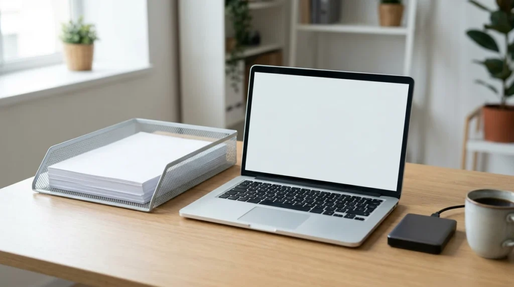 Compress PDF - laptop on a tidy desk beside a stack of printed documents in a paper tray