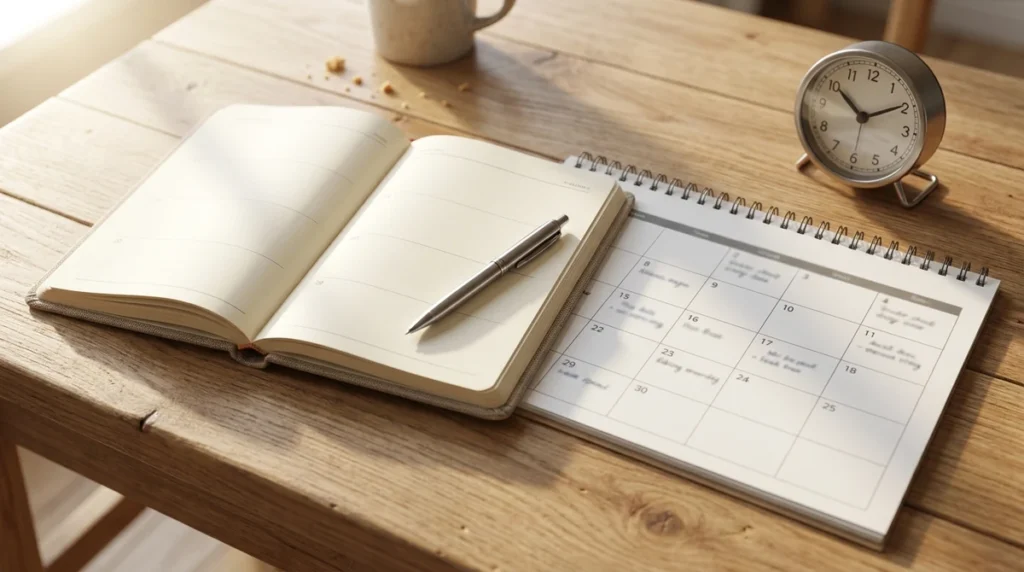 Date Calculator - desk calendar and planner diary open side by side with a pen and desk clock