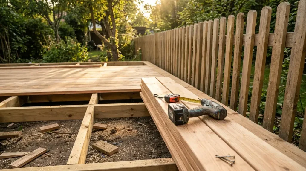 Deck & Fence Estimator - timber deck under construction with joists, boards and a fence line in a back garden