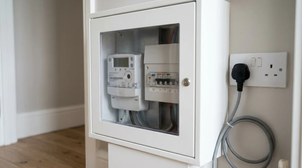 Energy consumption calculator - domestic smart electricity meter and consumer unit beside a plugged-in wall socket
