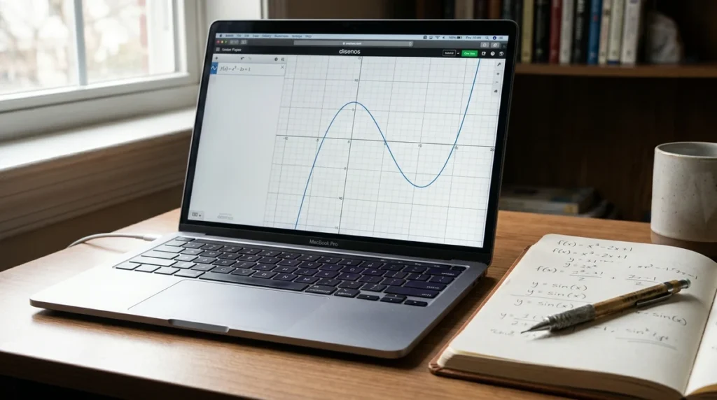 Function Graph Plotter showing a smooth mathematical curve plotted on a coordinate grid on a laptop beside handwritten function notes