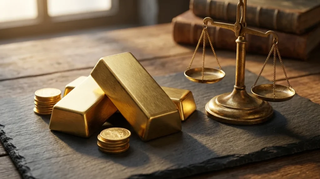 Gold rate calculator - gold bullion bars and coins on slate beside a brass jewellers balance scale
