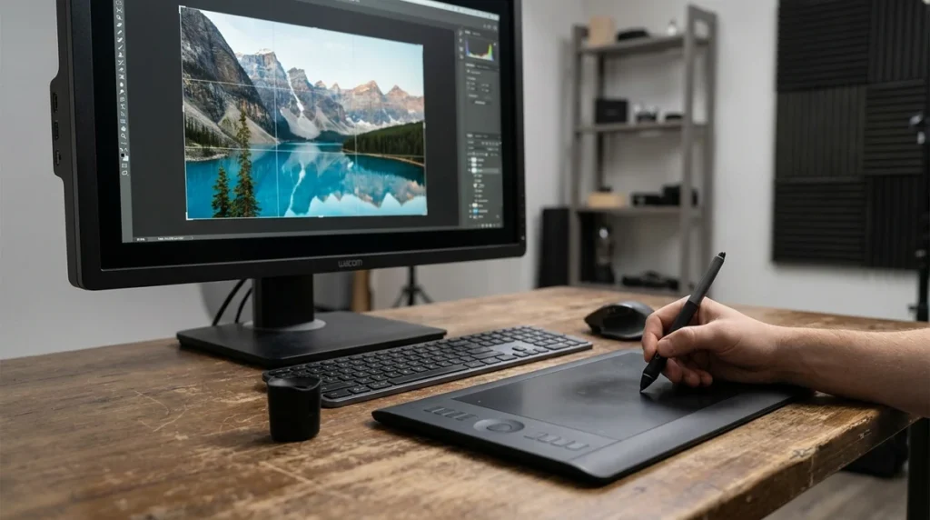 Image aspect ratio changer - a landscape photo being cropped on a large monitor with framing guides and a graphics tablet
