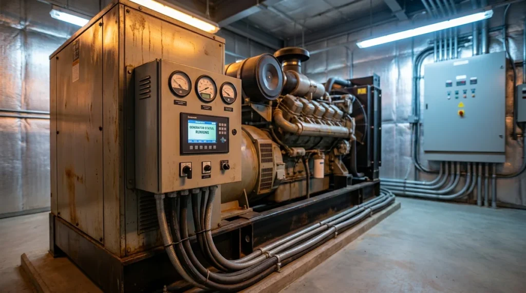 kW to kVA Calculator - industrial diesel generator set with control panel gauges and heavy cabling in a plant room