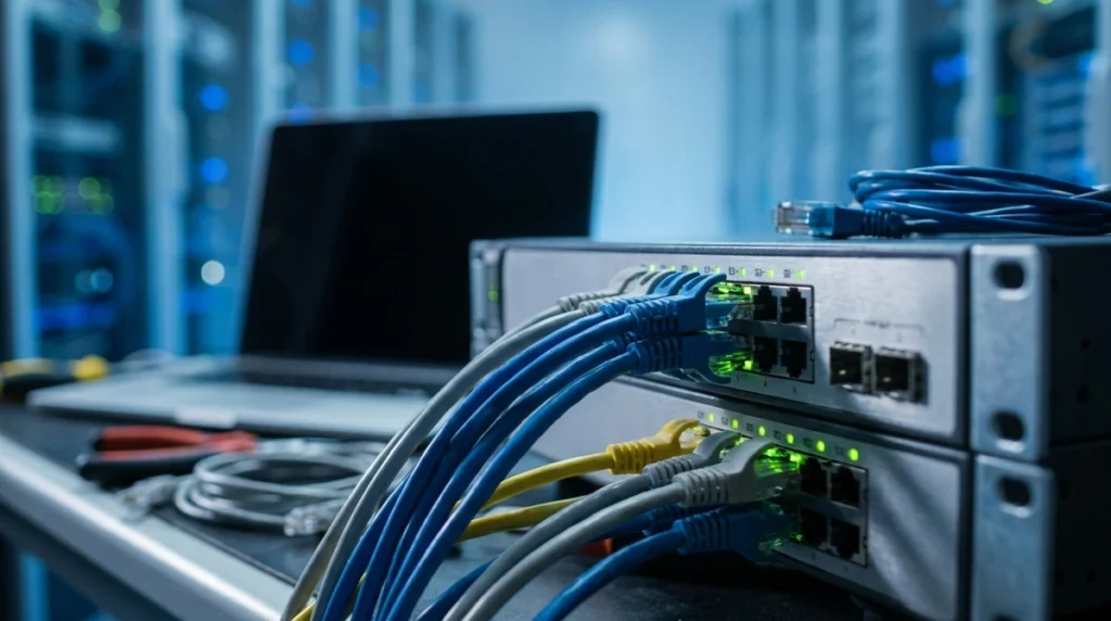 MAC address generator - network switch with ethernet cables patched into glowing port LEDs in a server room