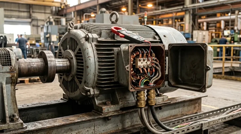 Motor Current Calculator - three-phase industrial electric motor with its terminal box open and a clamp meter on the housing