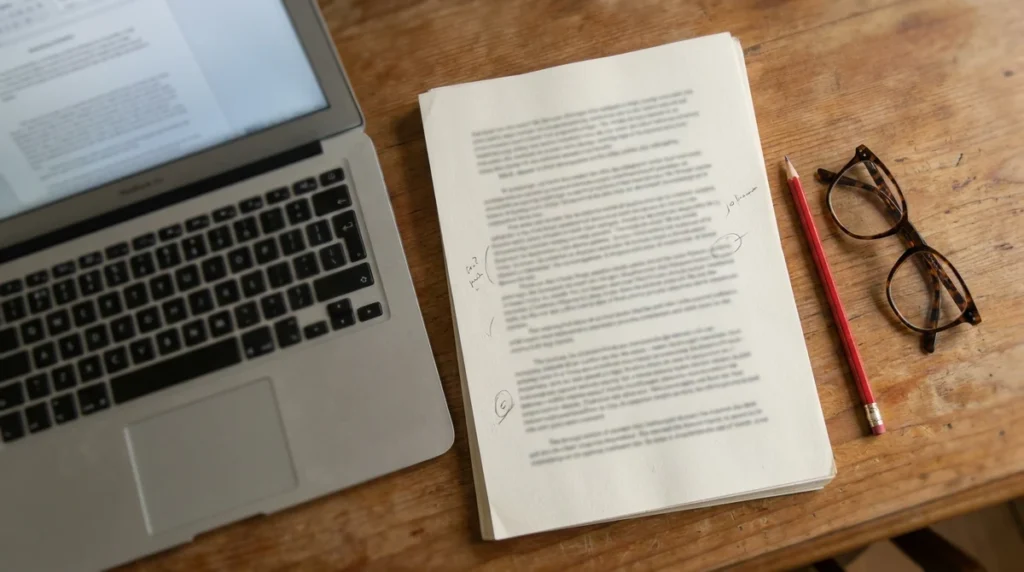 Paragraph Formatter - printed manuscript with paragraph blocks and pencil margin marks beside a laptop