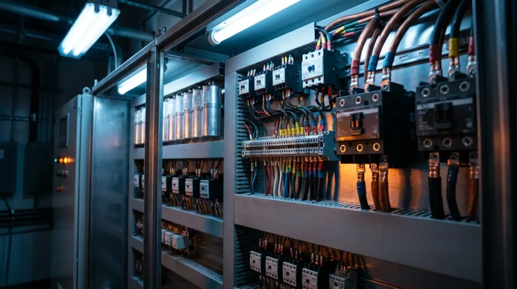 Power factor correction calculator - industrial capacitor bank cabinet with rows of capacitors and contactors