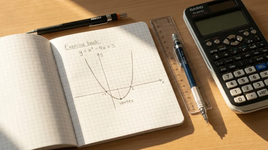 Quadratic formula calculator - handwritten quadratic equation and parabola on graph paper beside a scientific calculator