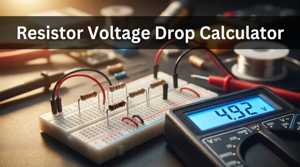 Resistor Voltage Drop Calculator shown on a breadboard with colour-banded resistors and a digital multimeter reading the voltage drop