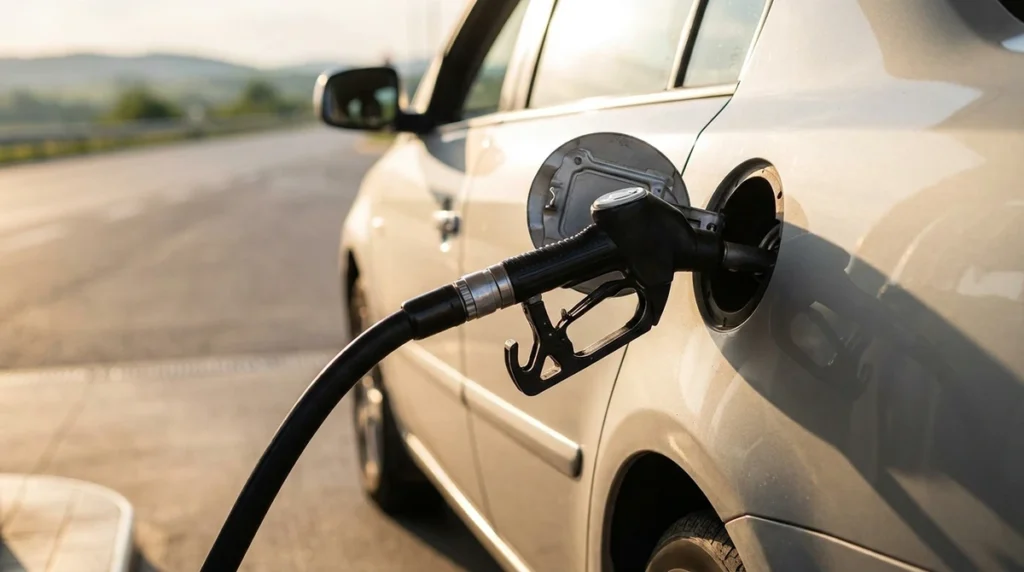 Fuel cost calculator for a road trip - fuel nozzle inserted into a car's open filler at a service station with open road behind