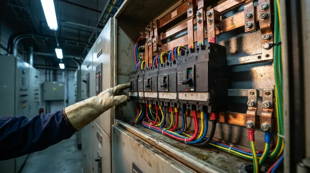 Short Circuit Current Calculator - open switchgear panel with moulded-case circuit breakers, copper busbars and routed cabling