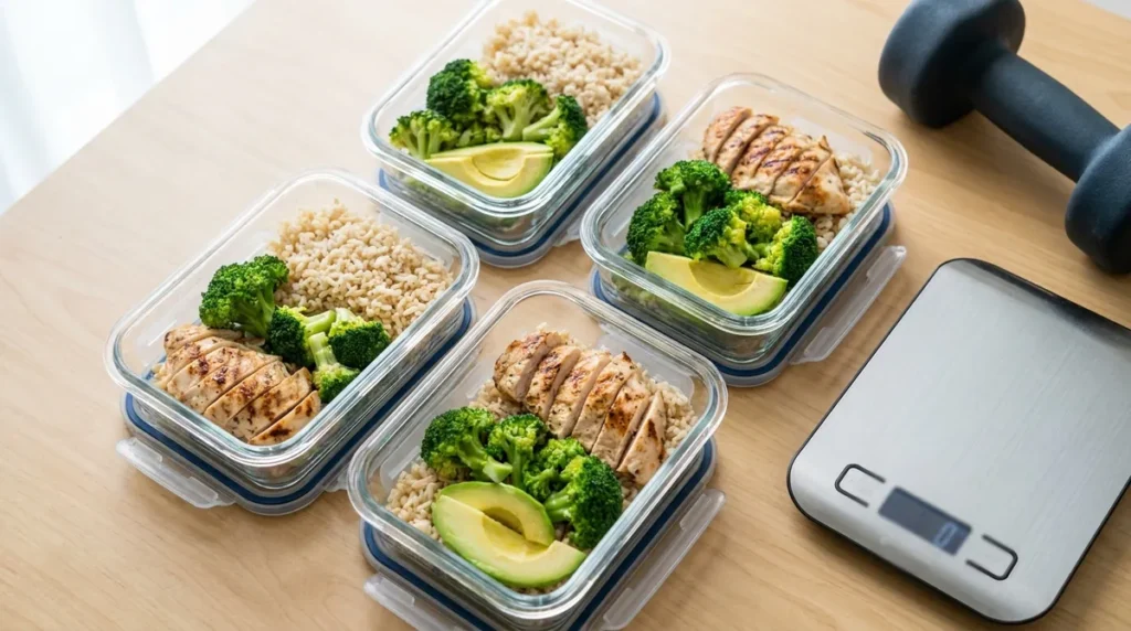 TDEE & macro calculator - portioned meal prep of chicken, rice, broccoli and avocado with a digital kitchen scale