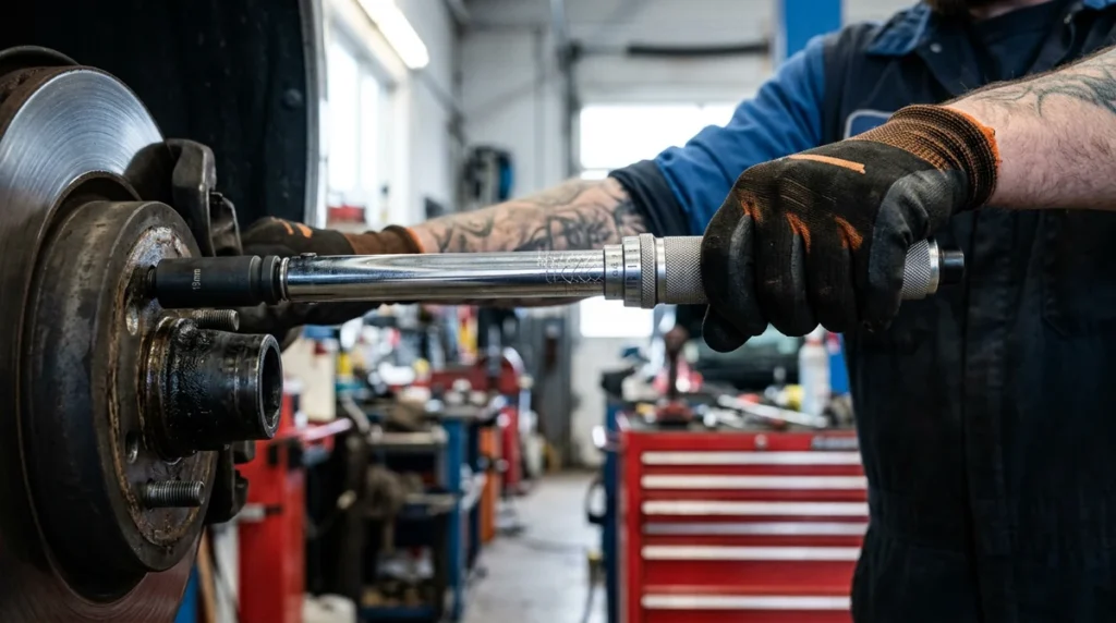 Torque Calculator - mechanic tightening a wheel hub bolt with a click-type torque wrench in a workshop