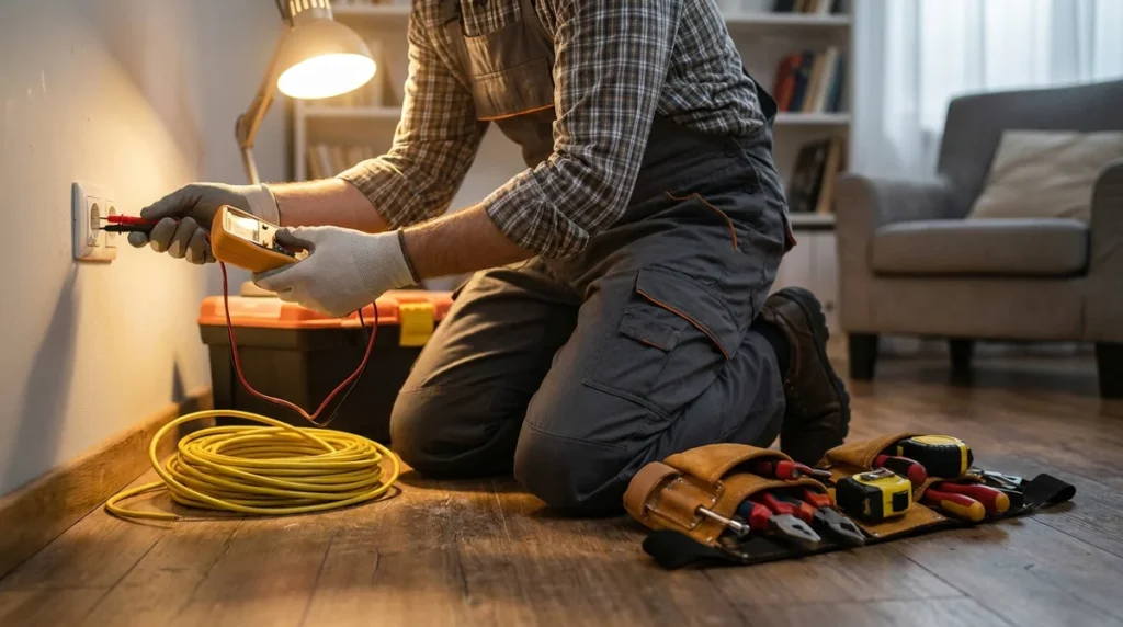 Voltage drop calculator - electrician testing a wall socket with a digital multimeter beside a coil of cable