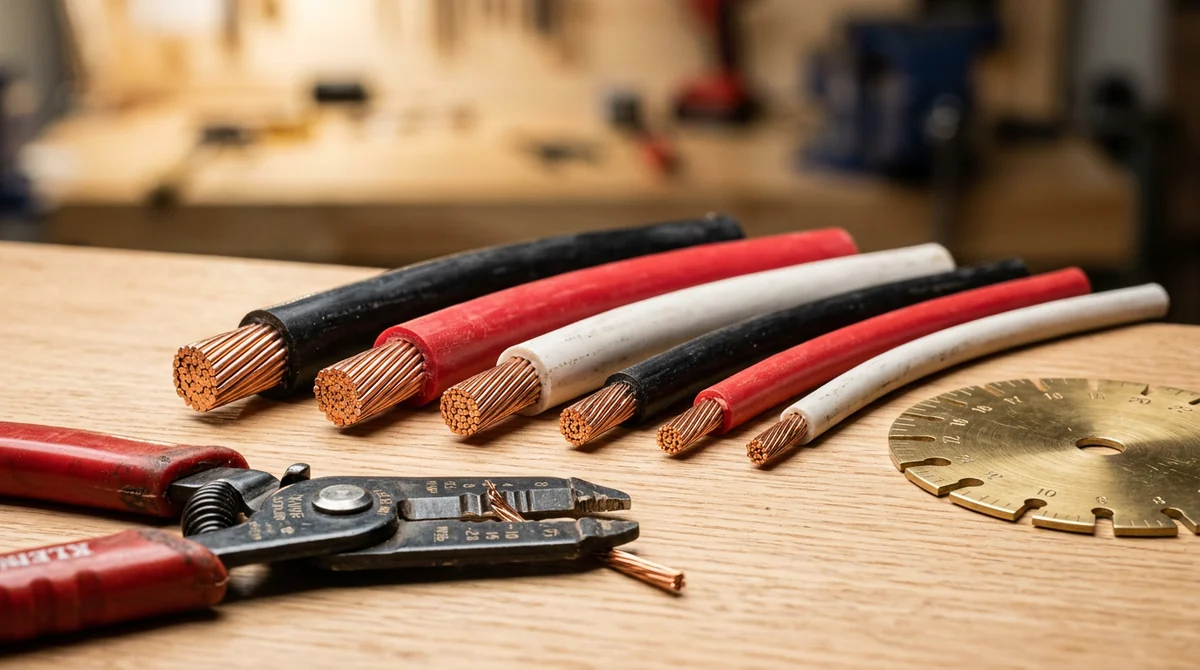 Wire size calculator - copper building wire in six AWG gauges with wire strippers and a brass AWG gauge plate on a workbench