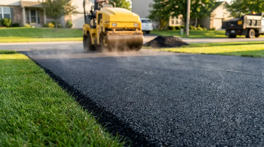 Asphalt calculator reference photo: a freshly paved residential asphalt driveway with a roller compacting the hot mix behind it