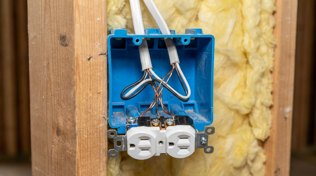 Box fill calculator reference photo: an open electrical device box in stud framing with cables, a receptacle yoke and bare grounds, the components a NEC 314.16 box fill calculation counts