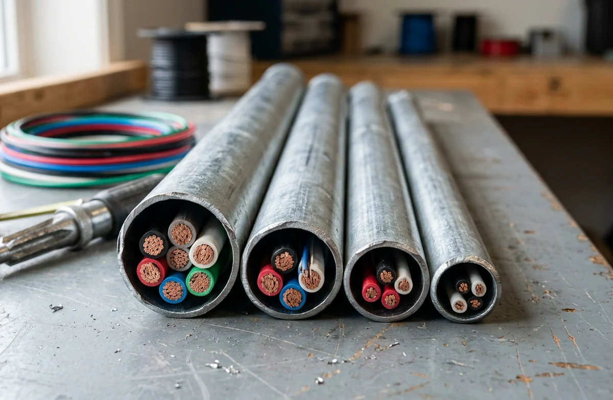 Conduit fill calculator reference photo: four sizes of EMT steel conduit with cut ends showing bundles of colored THHN conductors at different fill percentages