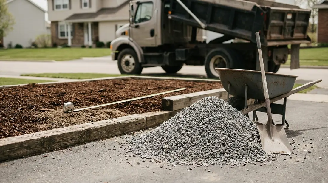 Cubic yard calculator reference photo: a dump truck tipping a load of gravel onto a driveway beside a measured landscaping bed, the bulk material a cubic yard calculation is used to order