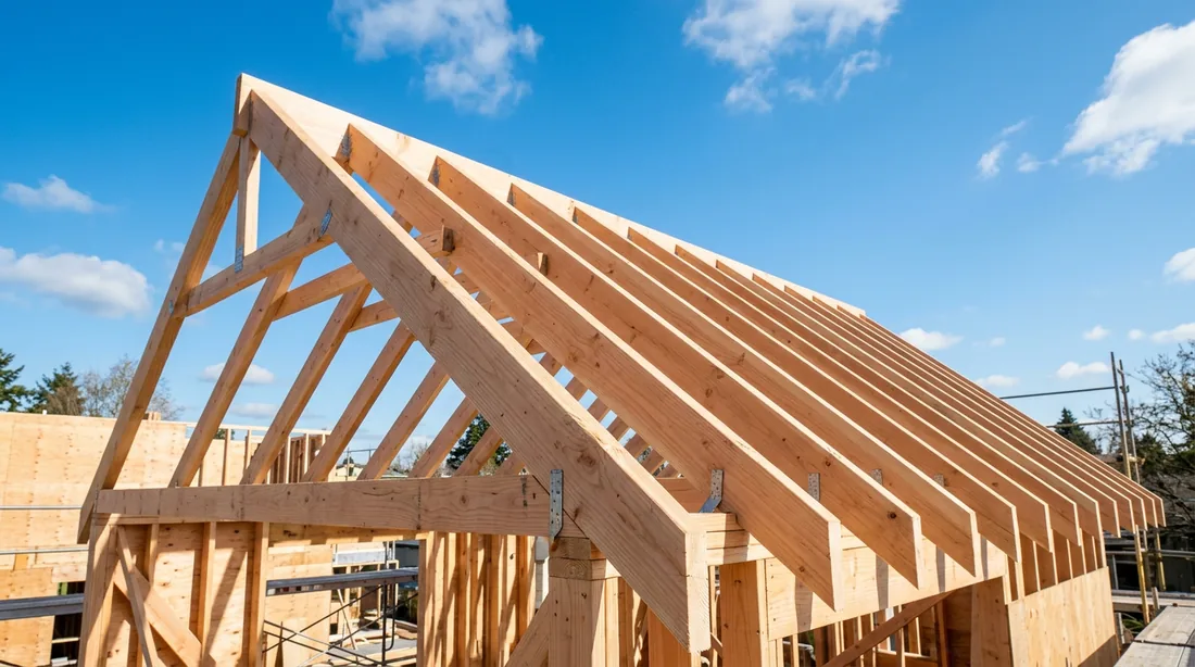 Roof pitch calculator reference photo: new timber roof framing showing rafters rising to a ridge, forming the rise and run triangle that defines pitch