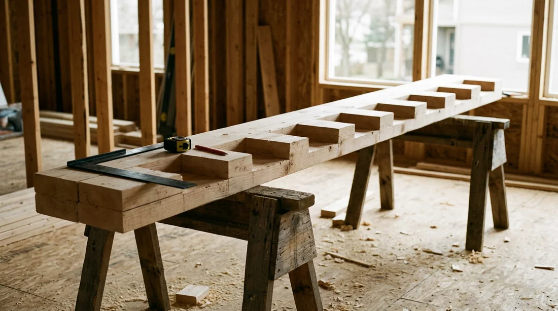 Stair calculator reference photo: freshly cut 2x12 stair stringers on sawhorses with a framing square, showing the notched riser and tread profile the calculator produces