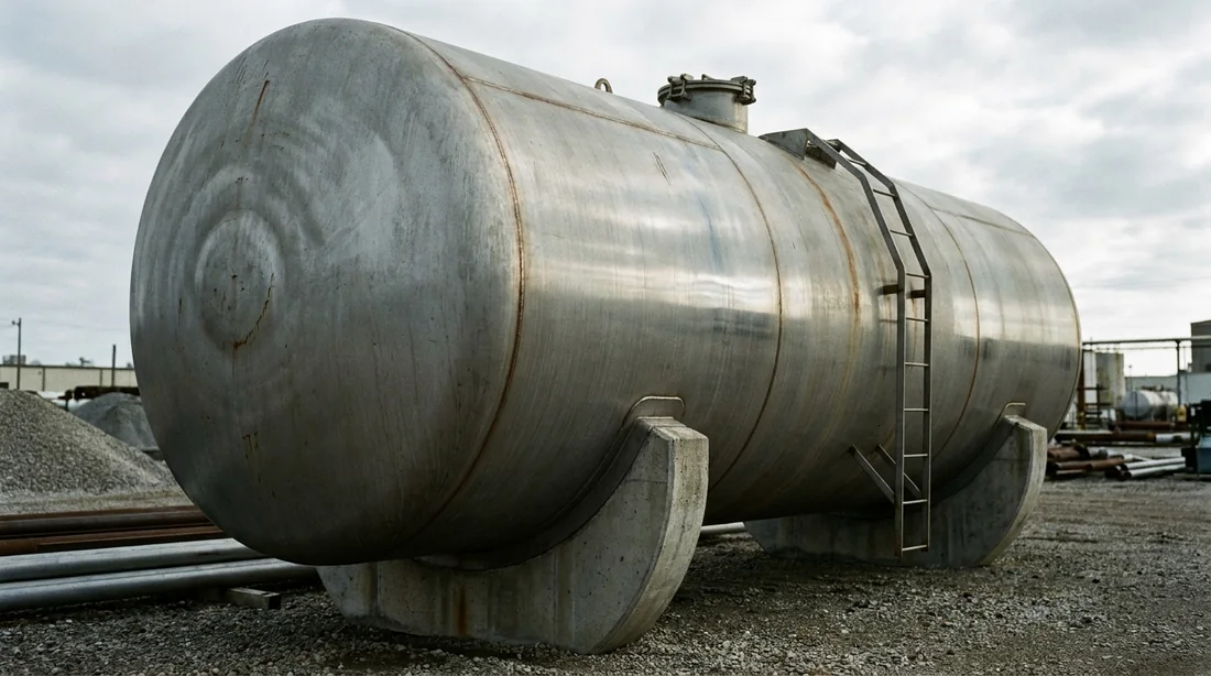 Tank volume calculator reference photo: a horizontal cylindrical steel storage tank with dished ends on saddle supports, the vessel geometry a tank volume calculation is built from
